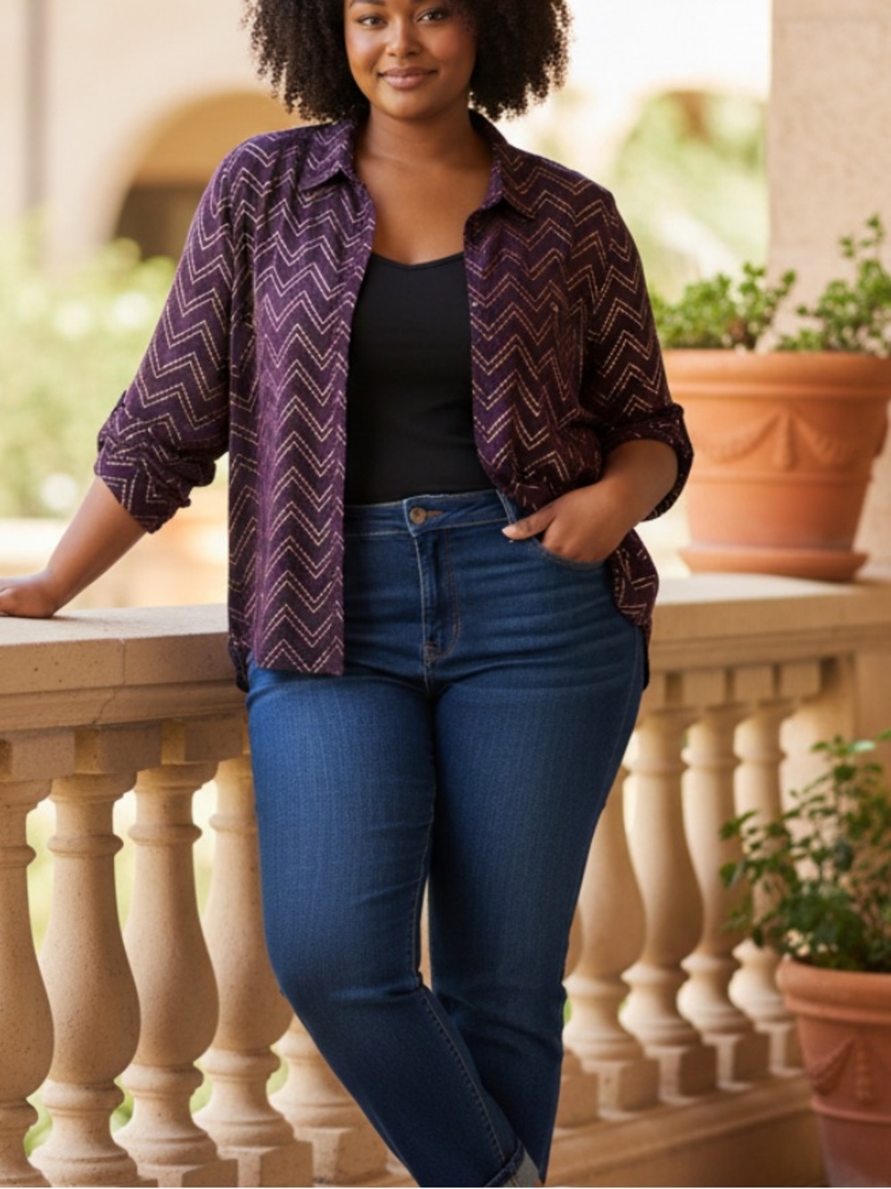 St. John Collection Purple Chevron Dot Button-Down Blouse
